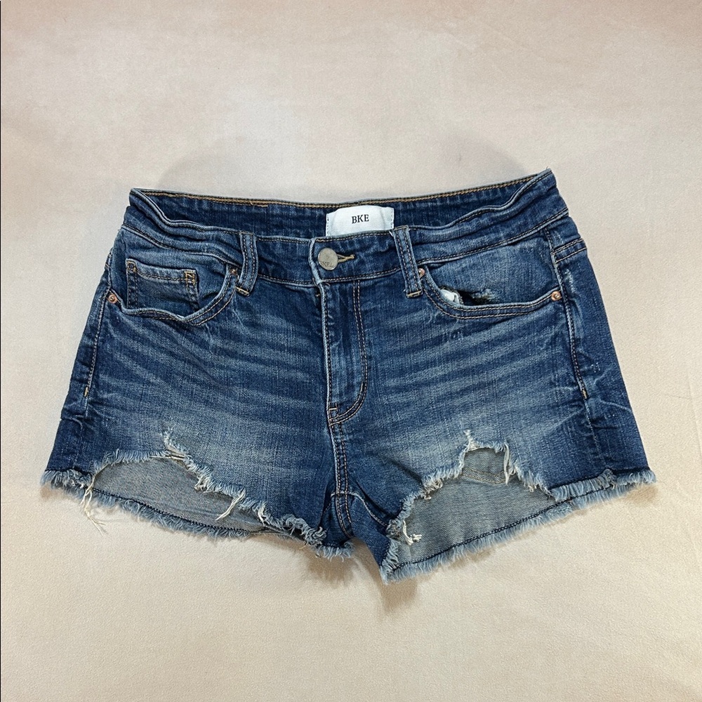 BKE Women's Dark Indigo Frayed Hem Denim Shorts
